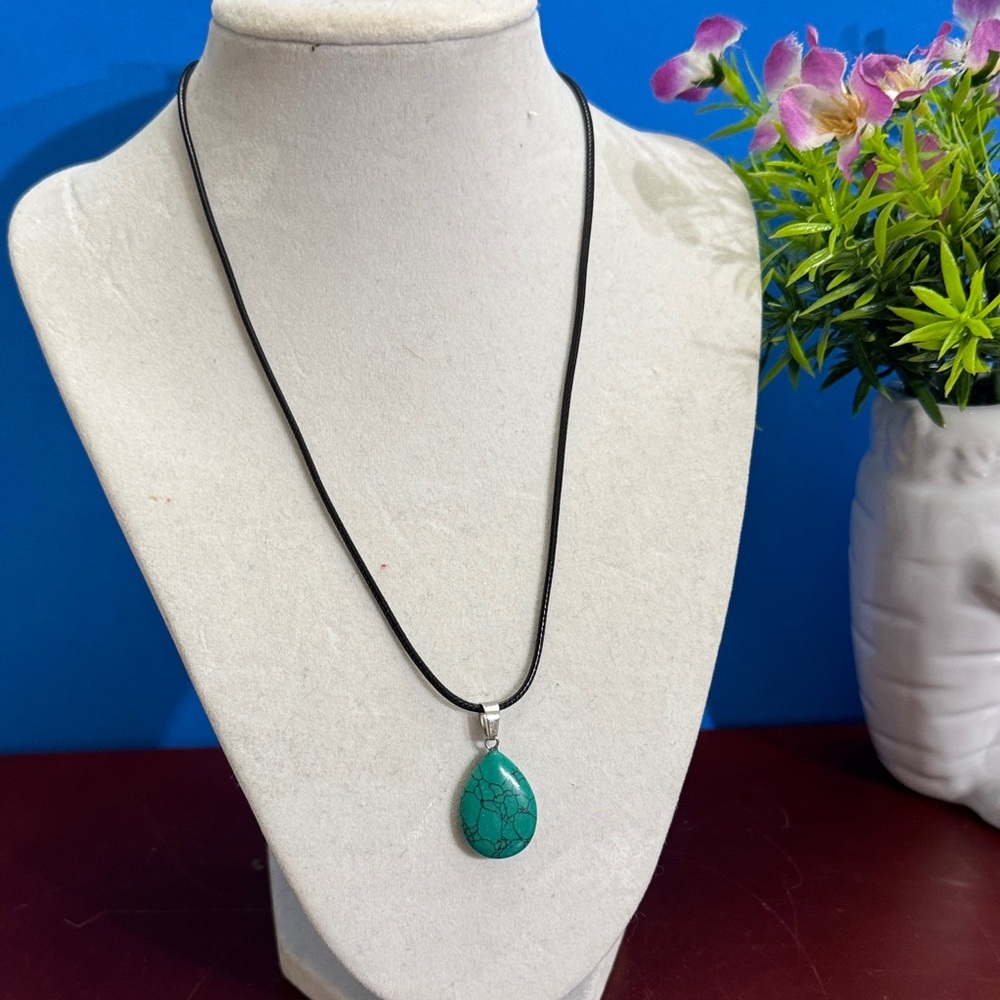 Natural Crystal Turquoise Teardrop Necklace on Black Cord